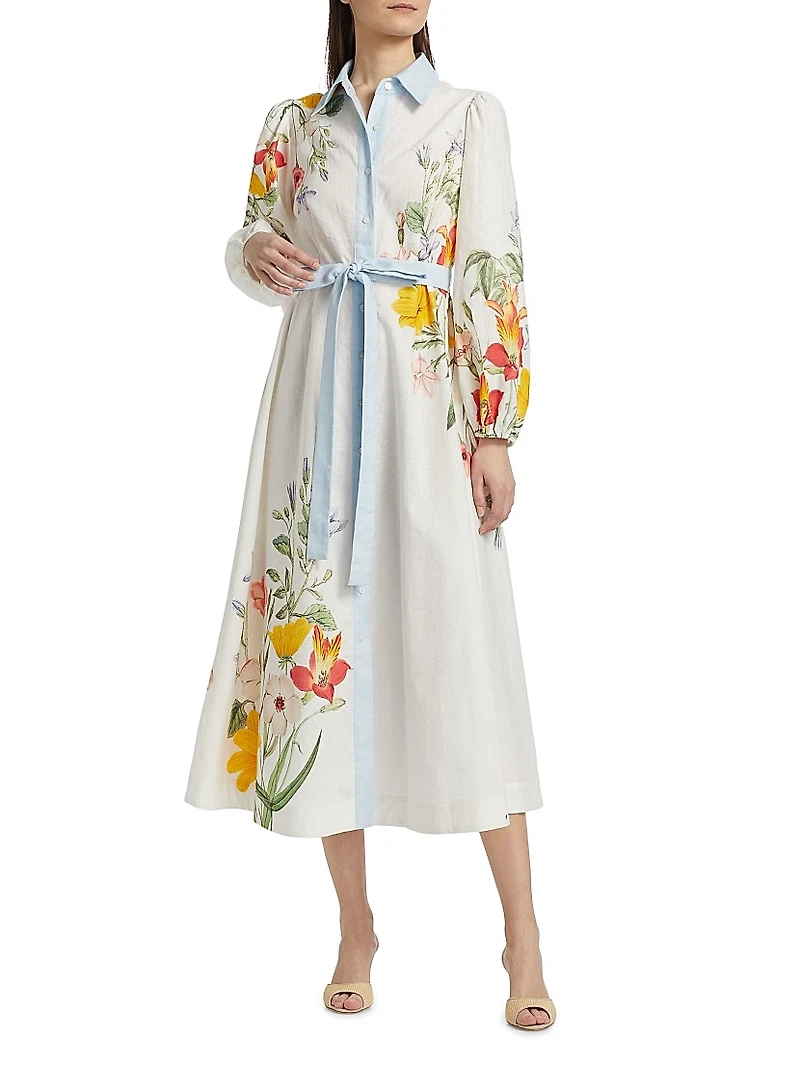 Antiquity Lucille Floral Linen-Cotton Tie-Waist Shirtdress