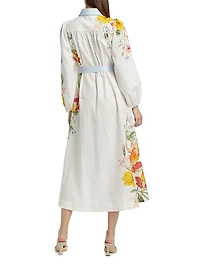 Antiquity Lucille Floral Linen-Cotton Tie-Waist Shirtdress
