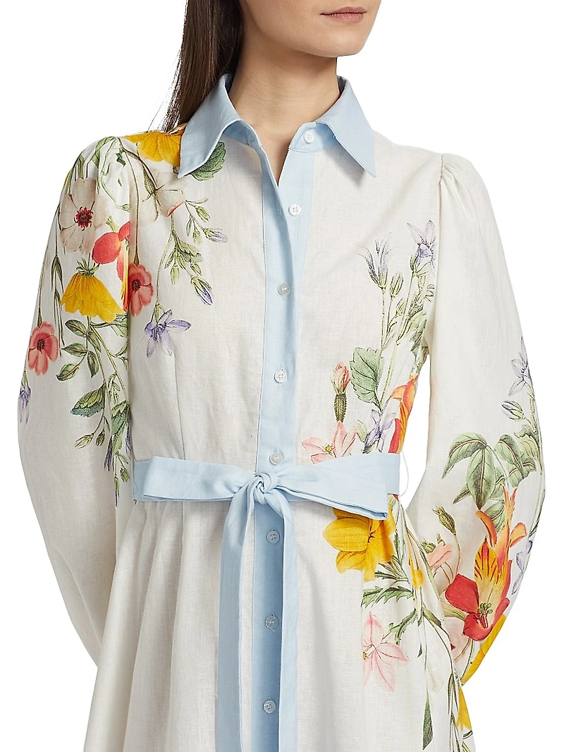 Antiquity Lucille Floral Linen-Cotton Tie-Waist Shirtdress
