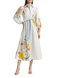 Antiquity Lucille Floral Linen-Cotton Tie-Waist Shirtdress