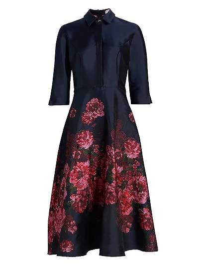Jacqurd Floral & Paisley Shirtwaist Gown