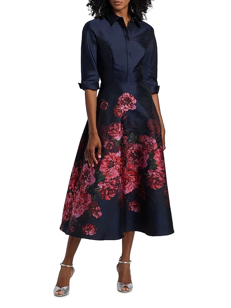 Jacqurd Floral & Paisley Shirtwaist Gown