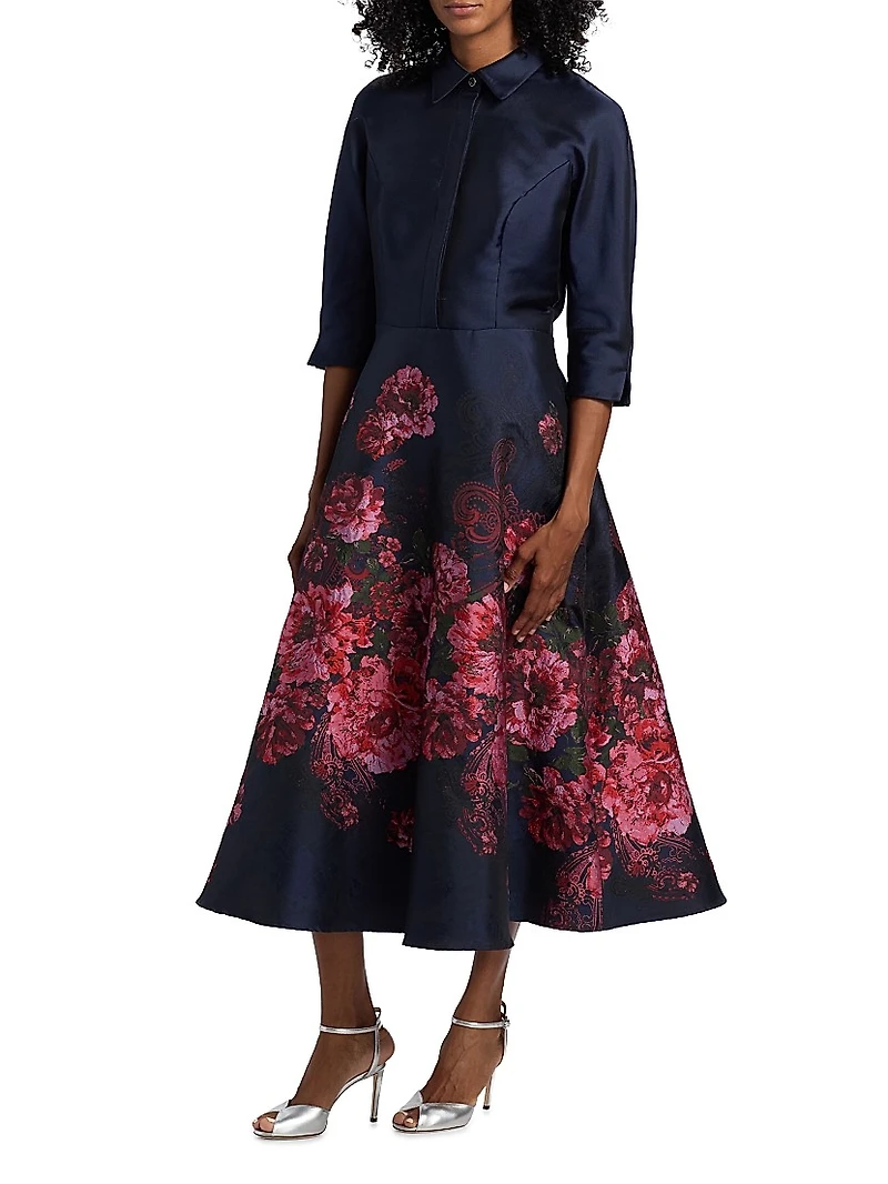 Jacqurd Floral & Paisley Shirtwaist Gown