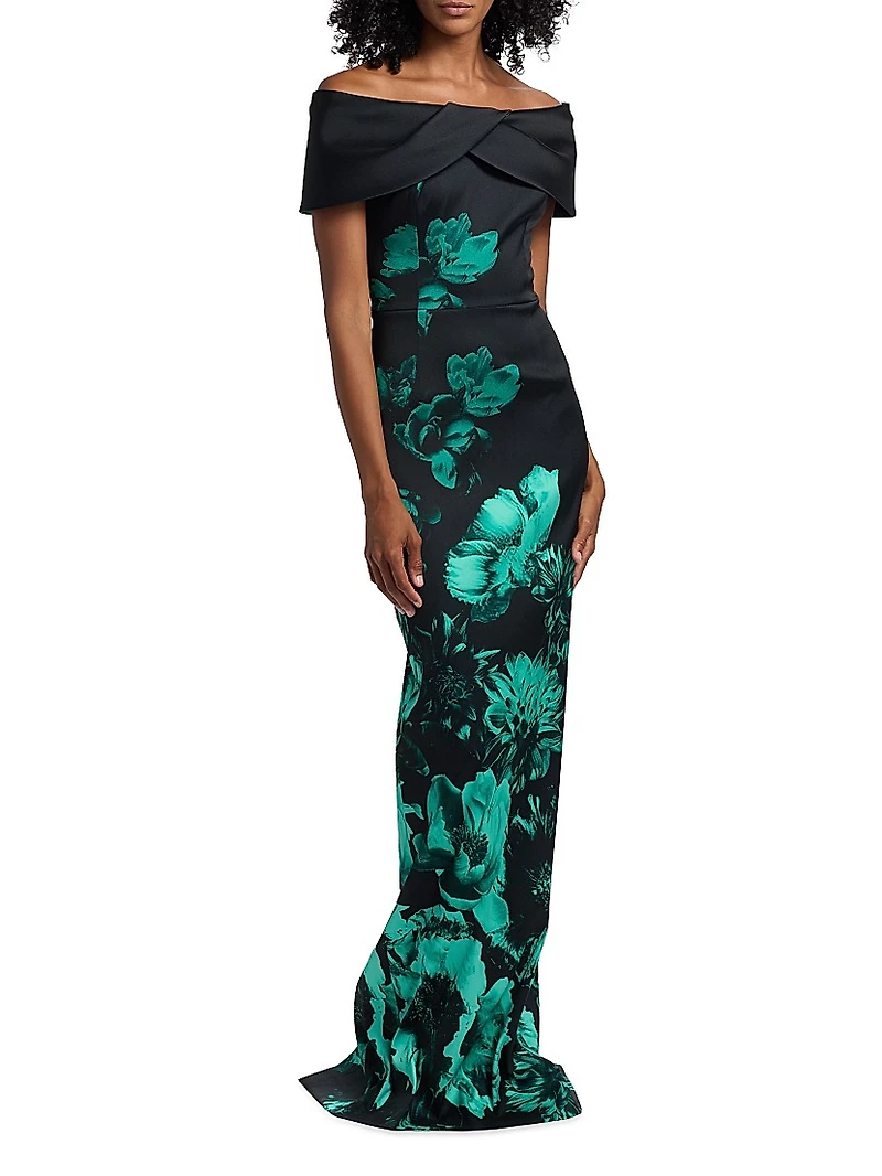 Floral Off-the-Shoulder Column Gown