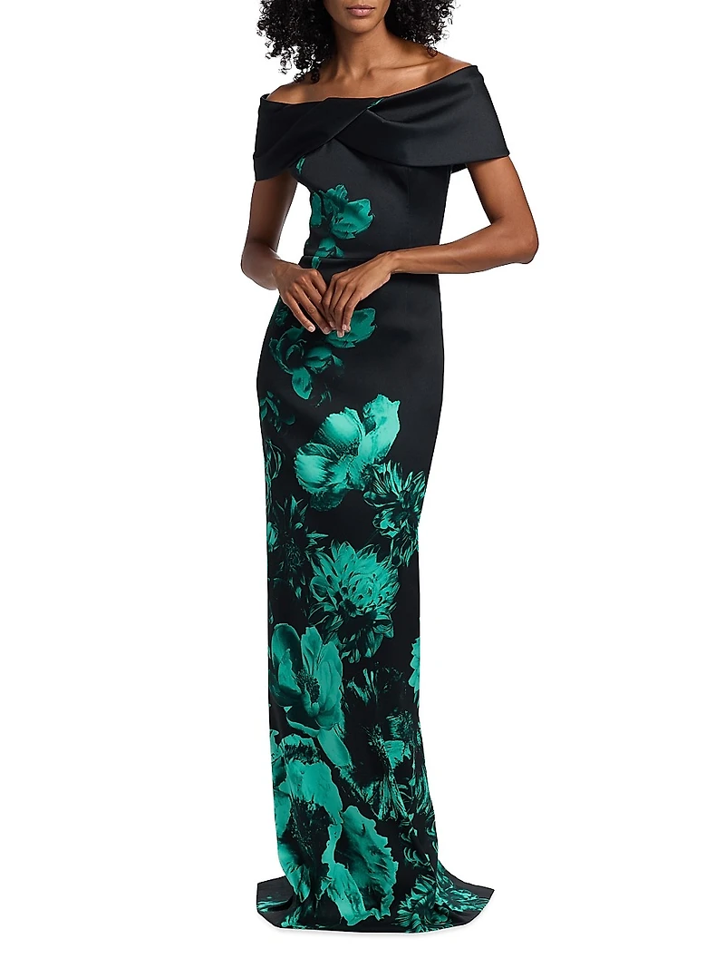 Floral Off-the-Shoulder Column Gown