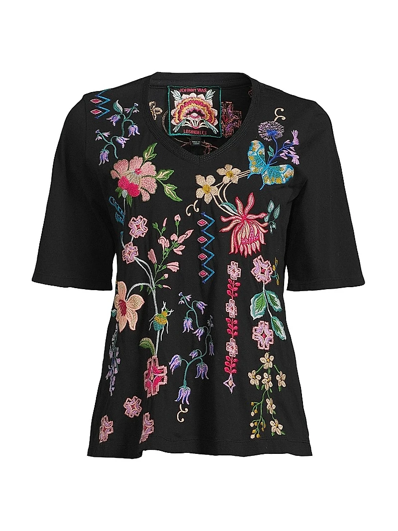 Trapunto Embroidered V-Neck Top