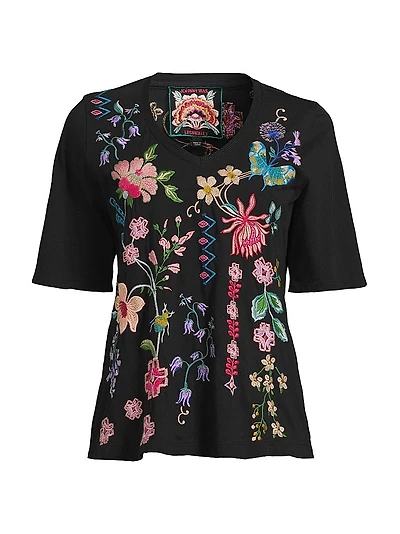 Trapunto Embroidered V-Neck Top