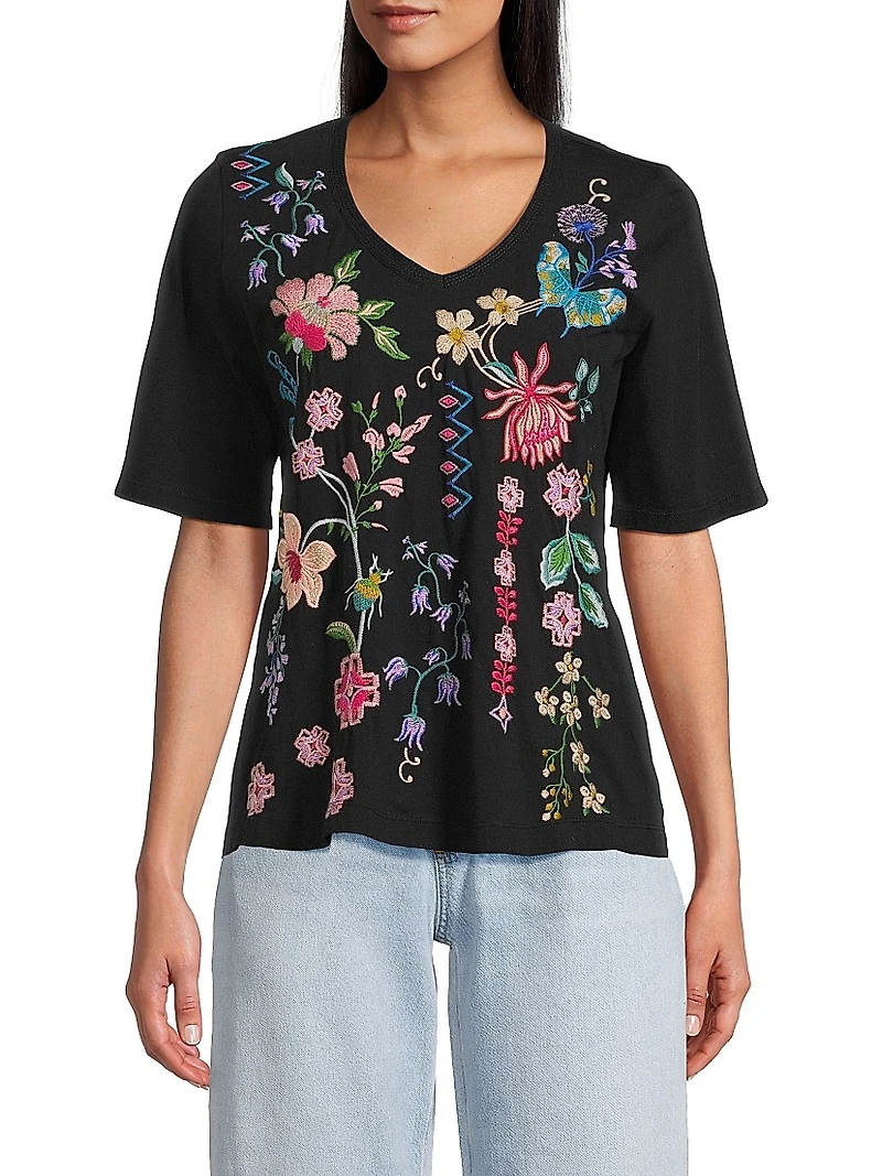 Trapunto Embroidered V-Neck Top