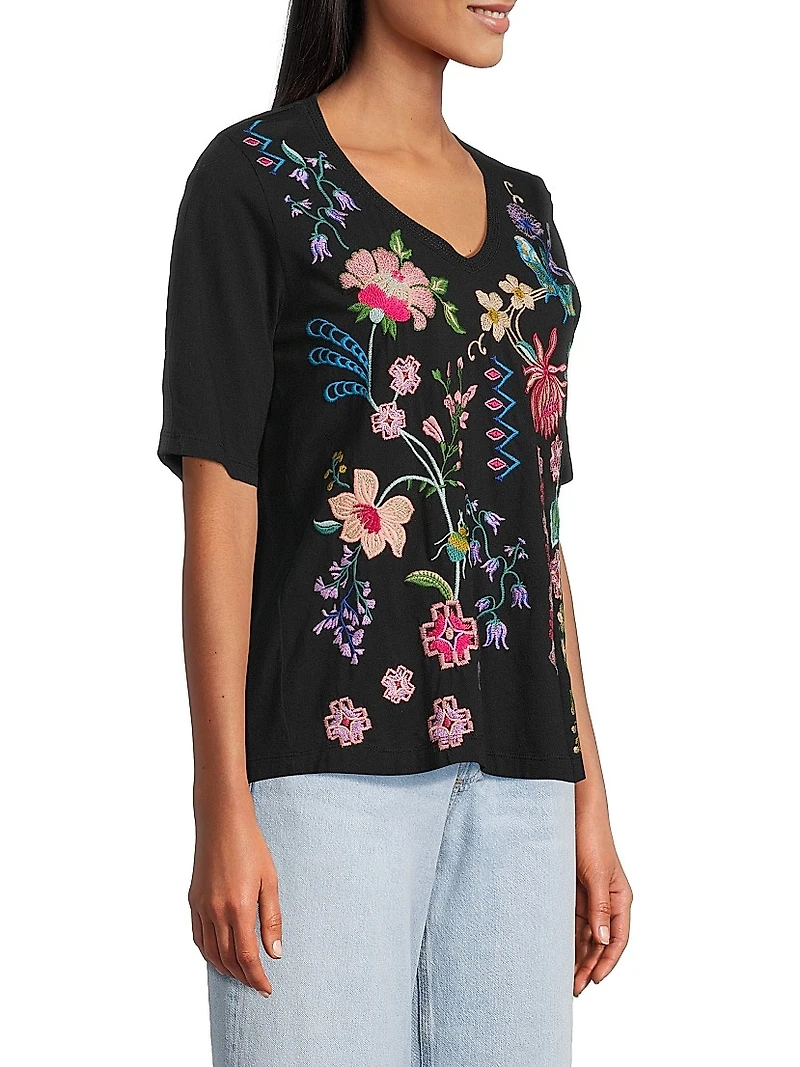 Trapunto Embroidered V-Neck Top