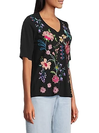 Trapunto Embroidered V-Neck Top