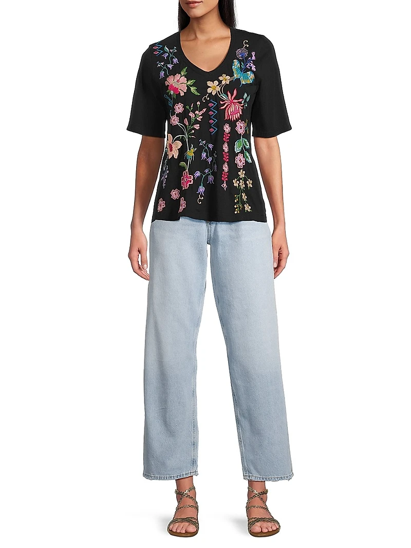 Trapunto Embroidered V-Neck Top