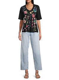 Trapunto Embroidered V-Neck Top