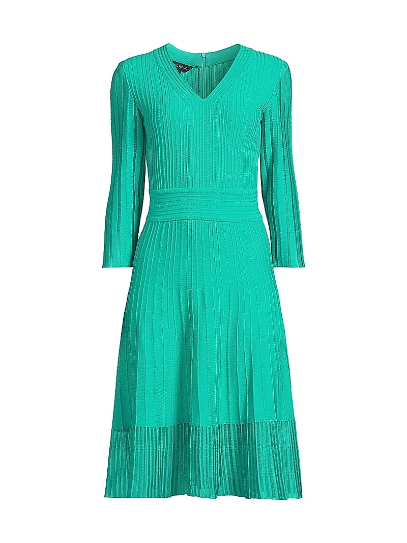 Pleated Knit V-Neck Midi-Dress
