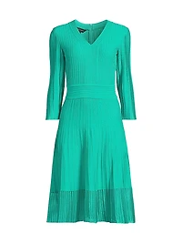 Pleated Knit V-Neck Midi-Dress