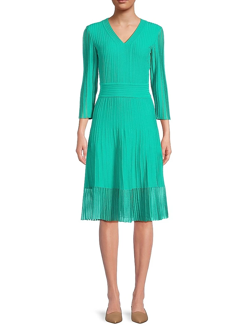 Pleated Knit V-Neck Midi-Dress