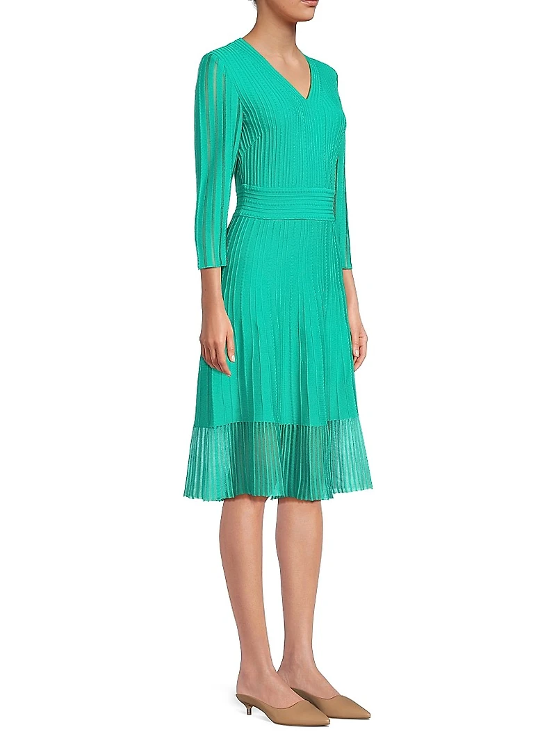 Pleated Knit V-Neck Midi-Dress