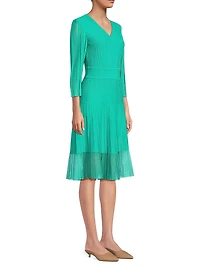 Pleated Knit V-Neck Midi-Dress