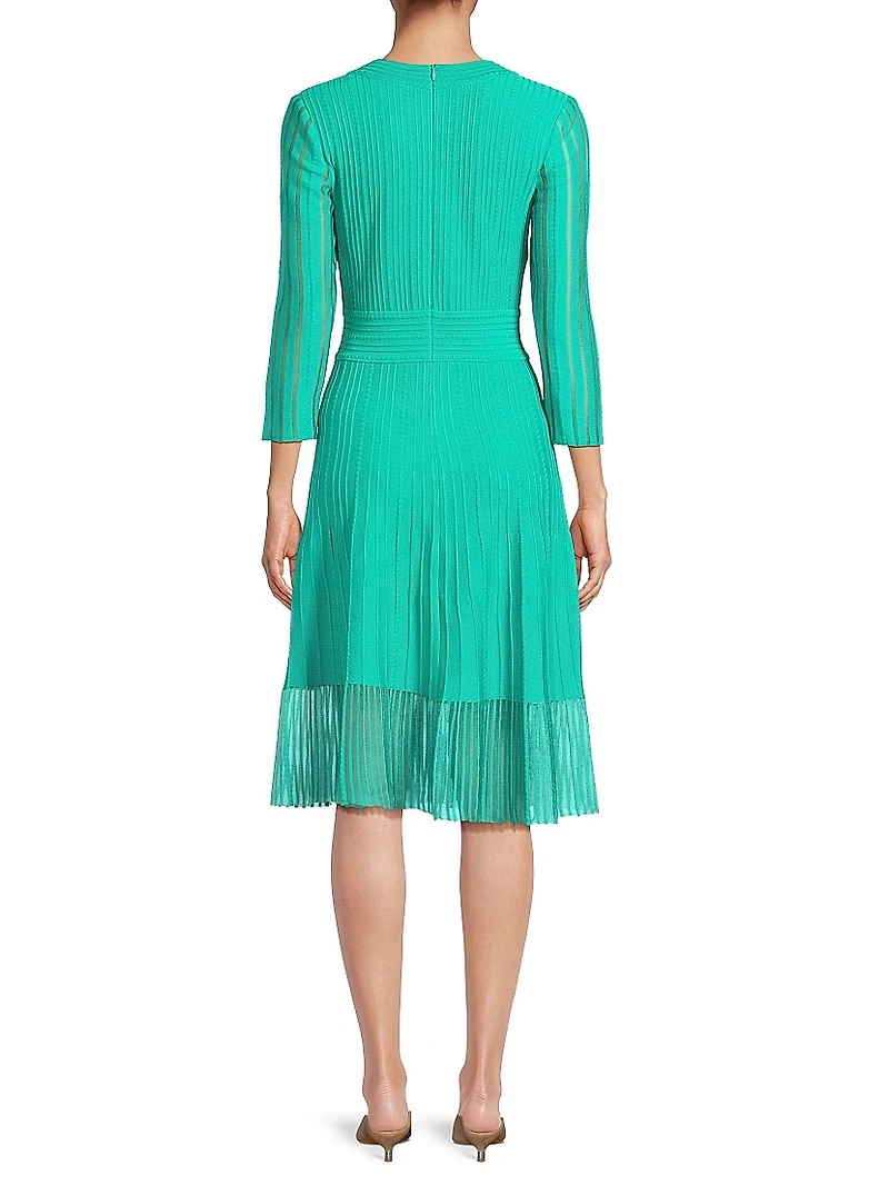 Pleated Knit V-Neck Midi-Dress