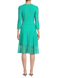 Pleated Knit V-Neck Midi-Dress