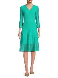Pleated Knit V-Neck Midi-Dress