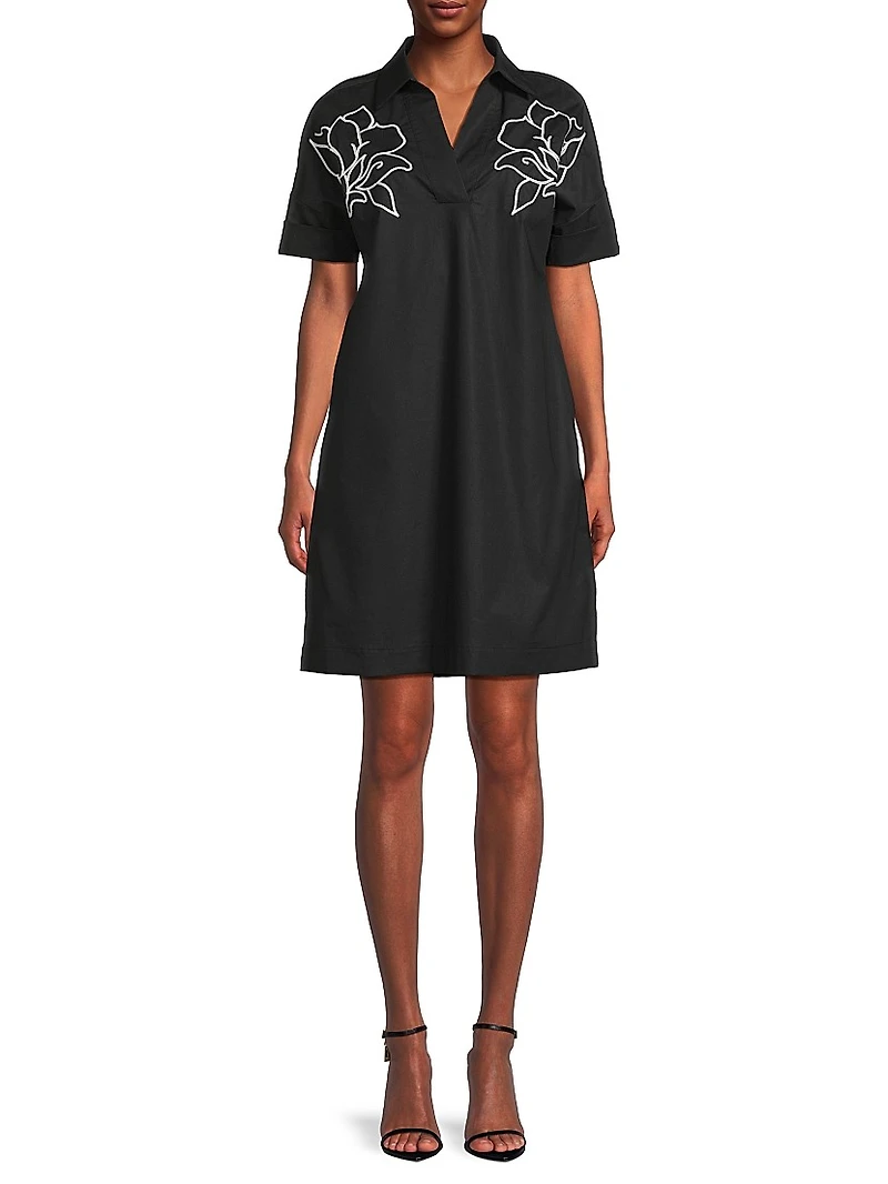 Floral-Embroidered Stretch-Cotton Minidress