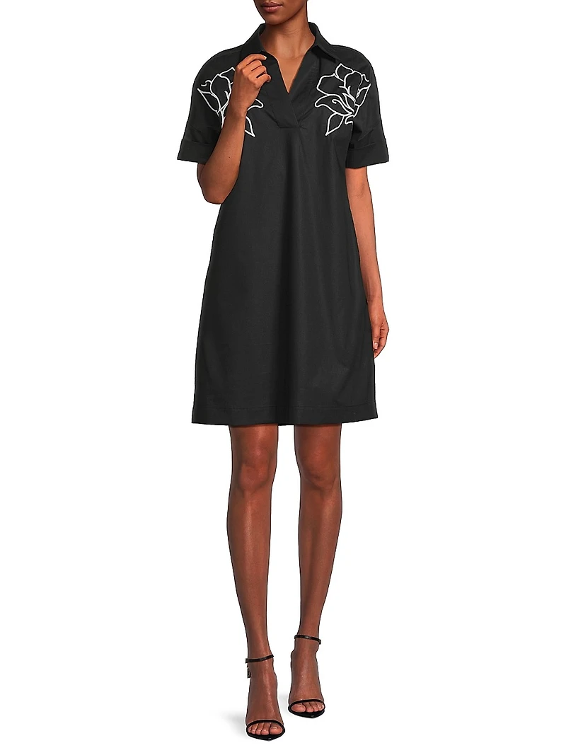 Floral-Embroidered Stretch-Cotton Minidress