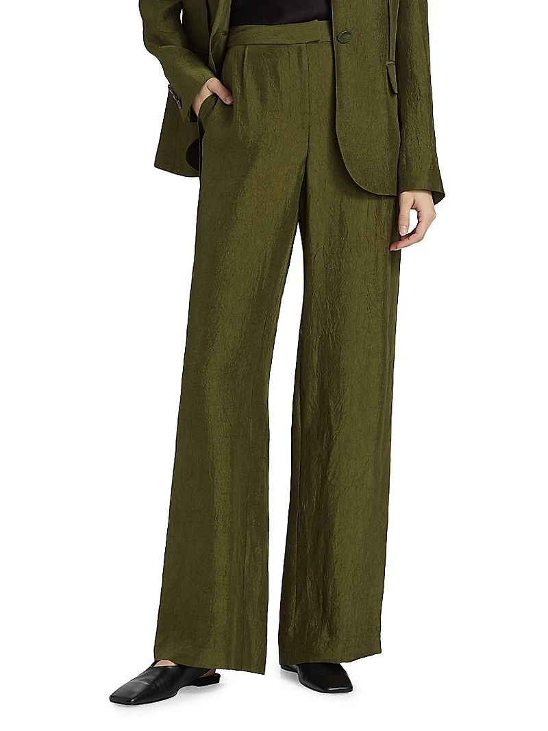Crinkled Satin Straight-Leg Trousers