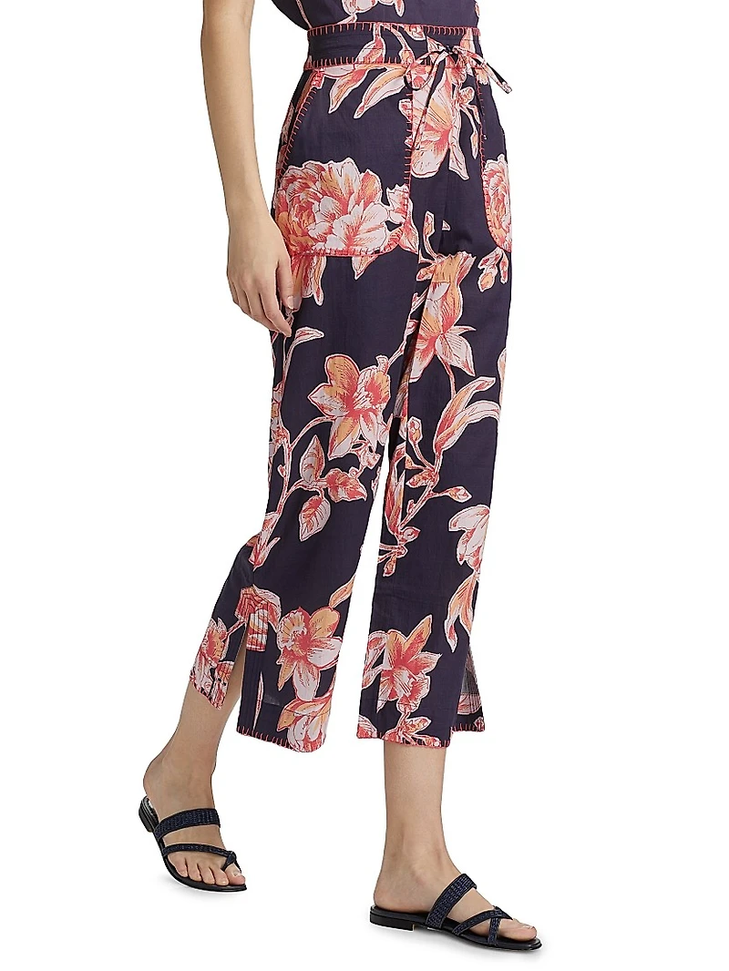 Jolie Floral Cotton Split-Hem Crop Pants