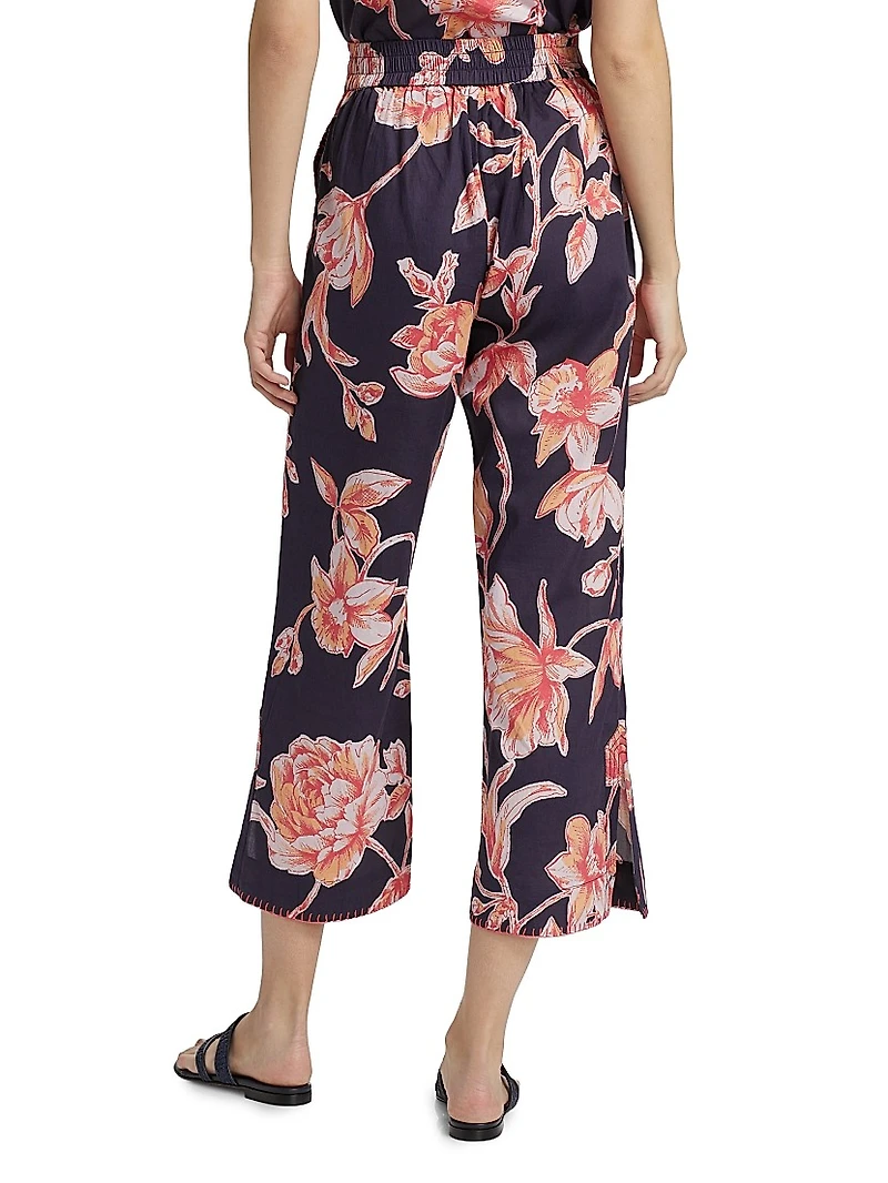 Jolie Floral Cotton Split-Hem Crop Pants
