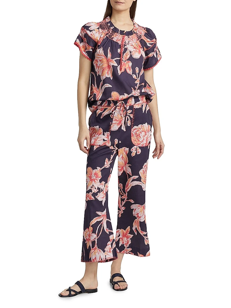 Jolie Floral Cotton Split-Hem Crop Pants