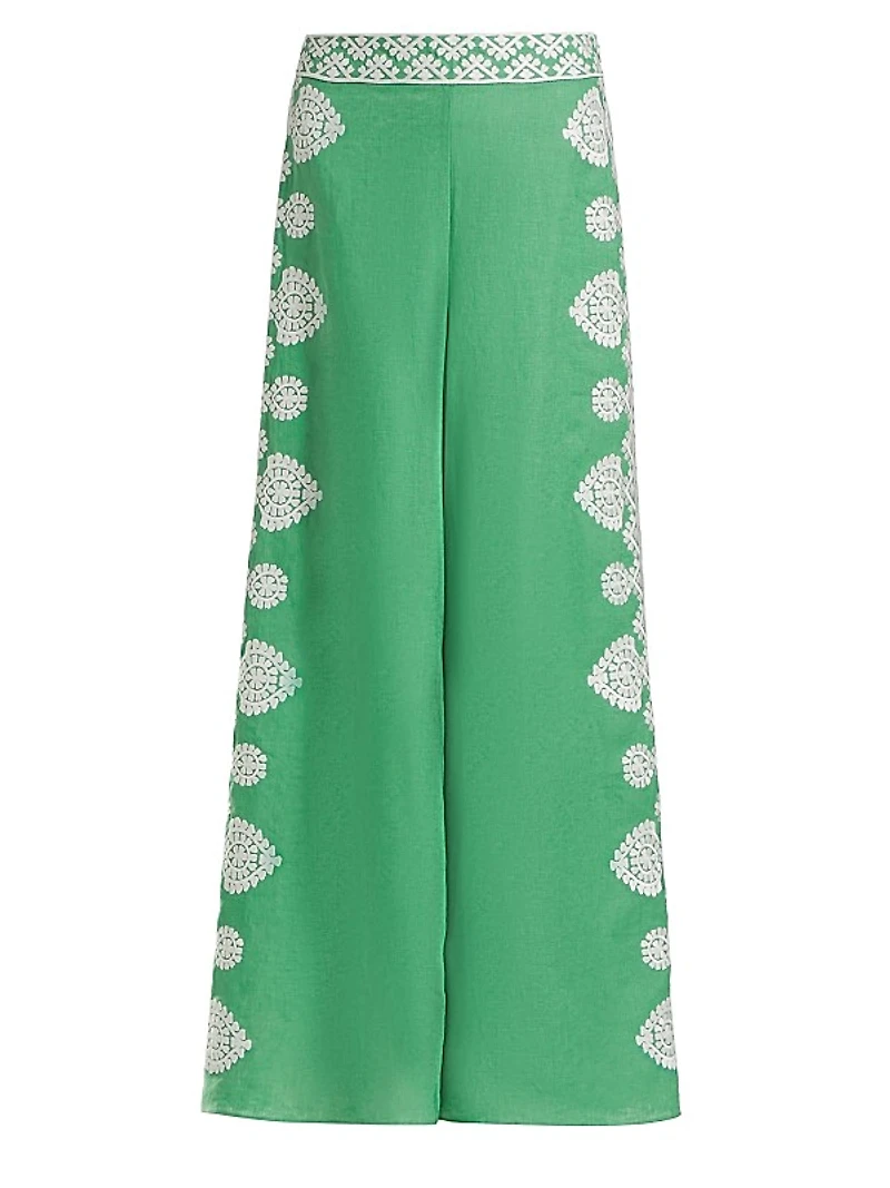 Noemie Embroidered Linen High-Waisted Flared Pants