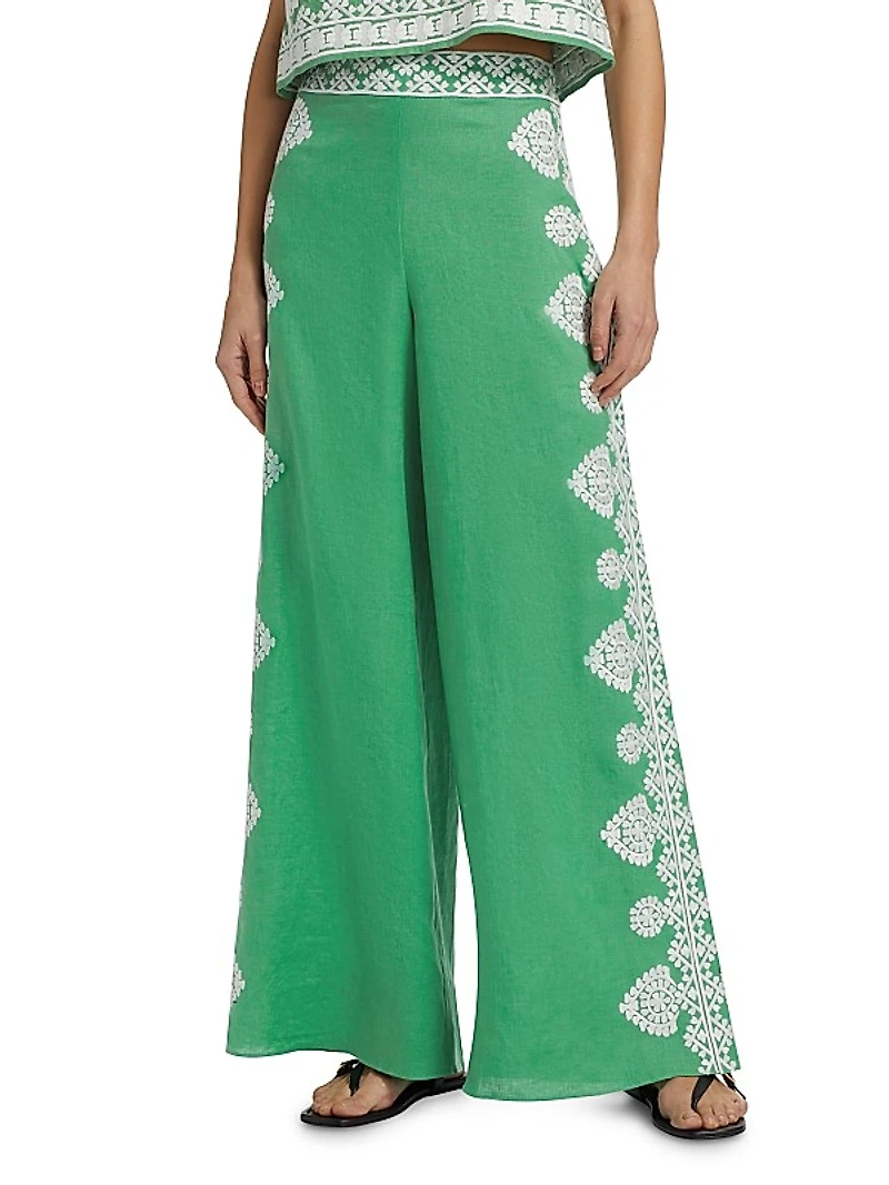 Noemie Embroidered Linen High-Waisted Flared Pants