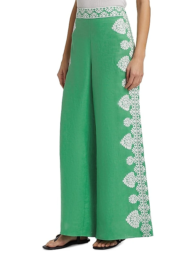 Noemie Embroidered Linen High-Waisted Flared Pants