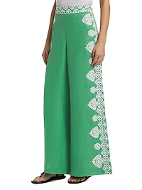 Noemie Embroidered Linen High-Waisted Flared Pants