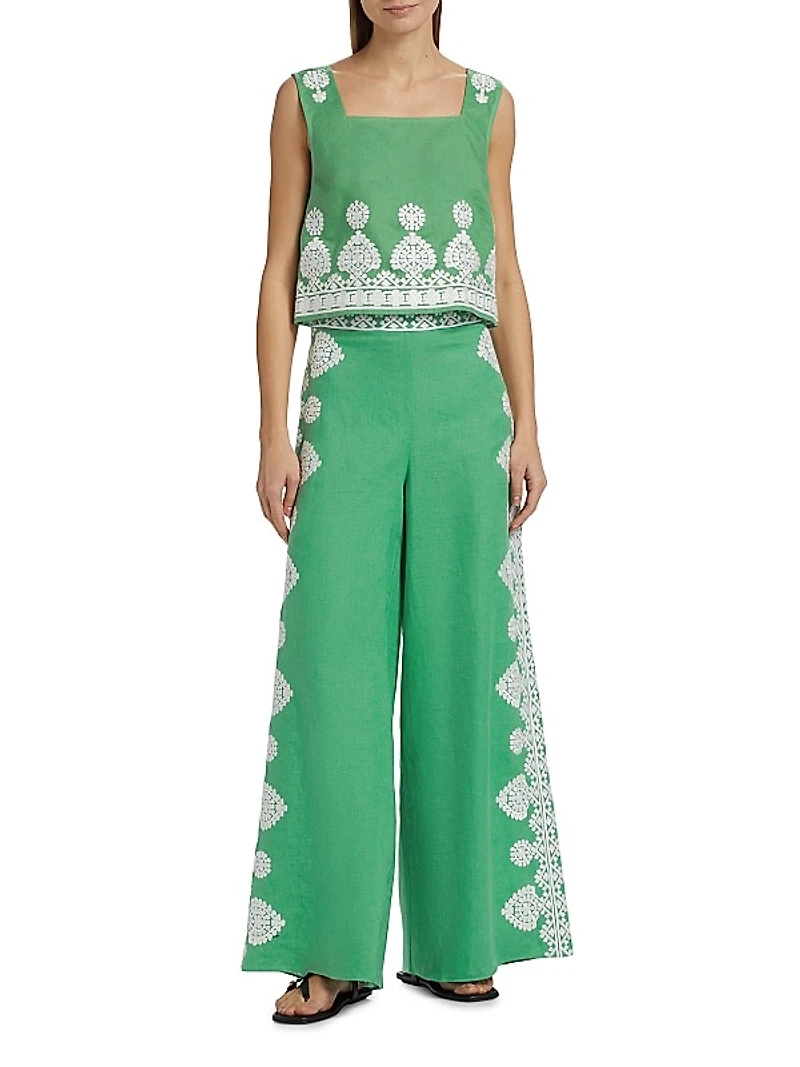 Noemie Embroidered Linen High-Waisted Flared Pants