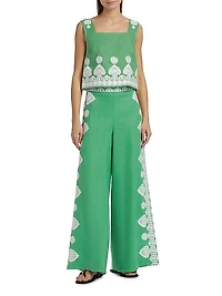 Noemie Embroidered Linen High-Waisted Flared Pants