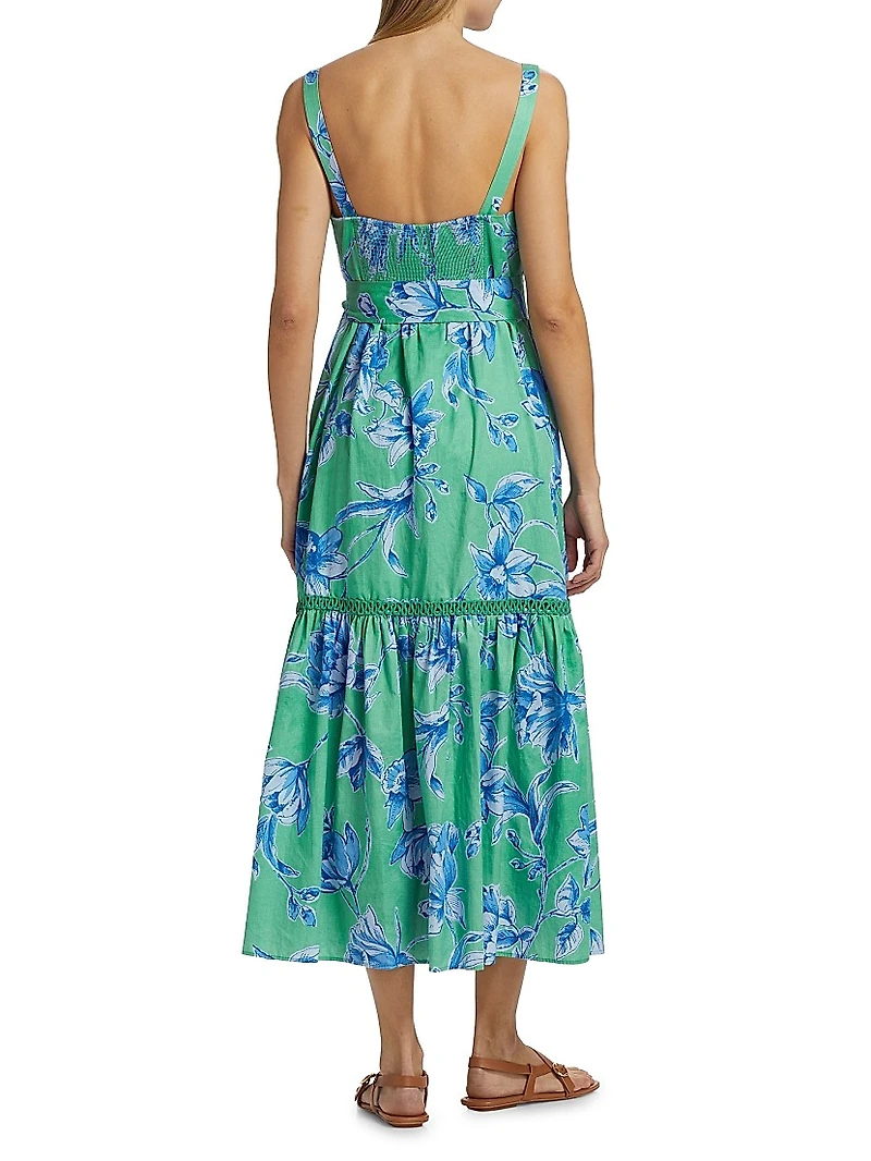 Corinne Floral Cotton Tie-Waist Midi Dress