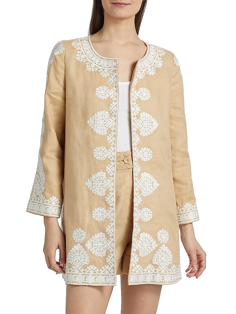 Wren Embroidered Linen Open-Front Jacket
