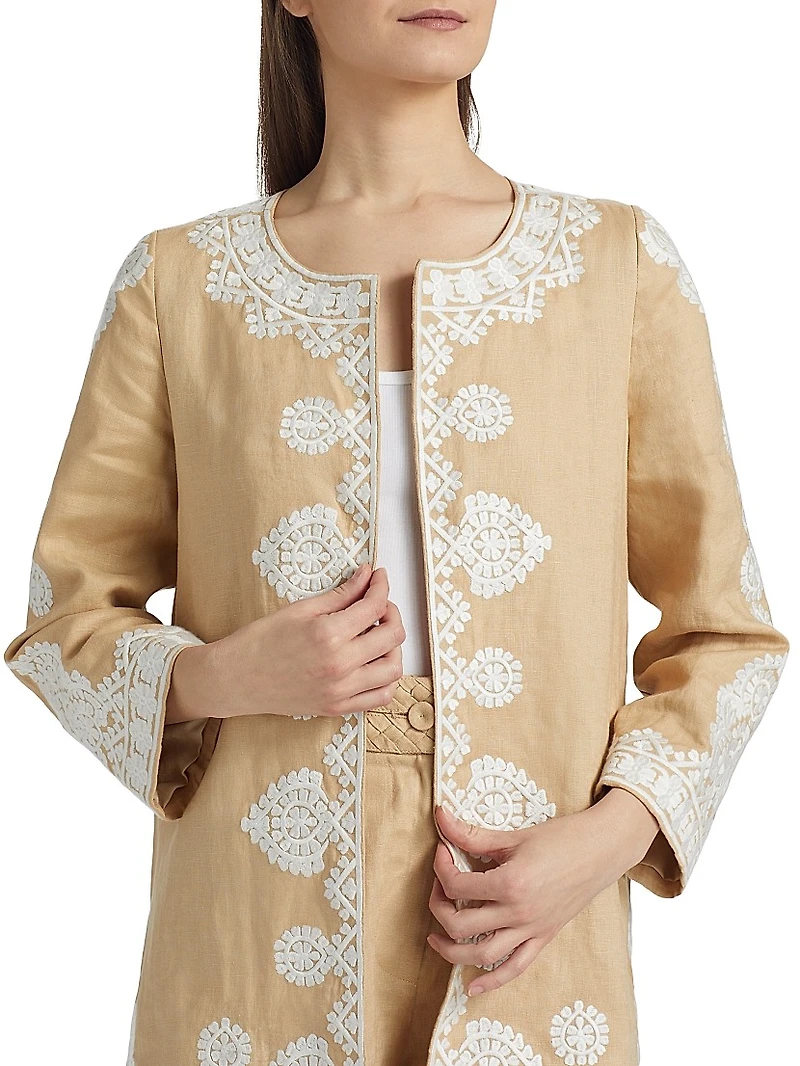 Wren Embroidered Linen Open-Front Jacket