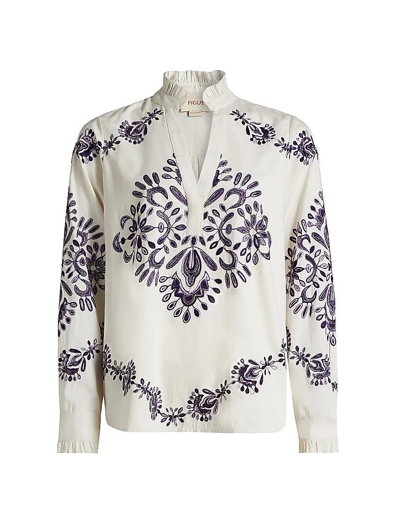 Celestina Embroidered Cotton V-Neck Blouse