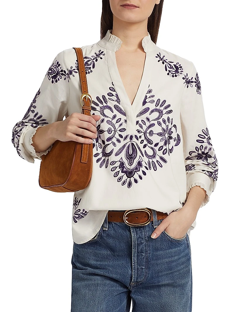 Celestina Embroidered Cotton V-Neck Blouse