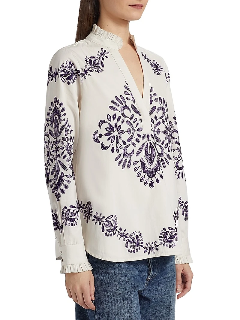 Celestina Embroidered Cotton V-Neck Blouse