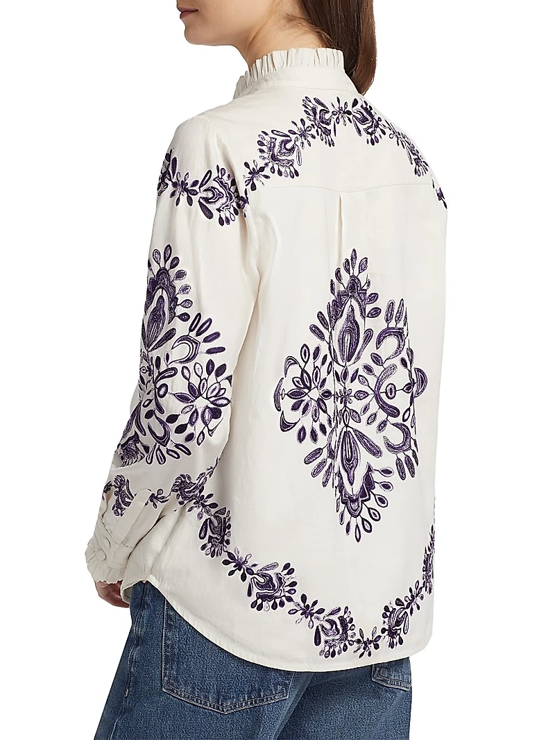 Celestina Embroidered Cotton V-Neck Blouse