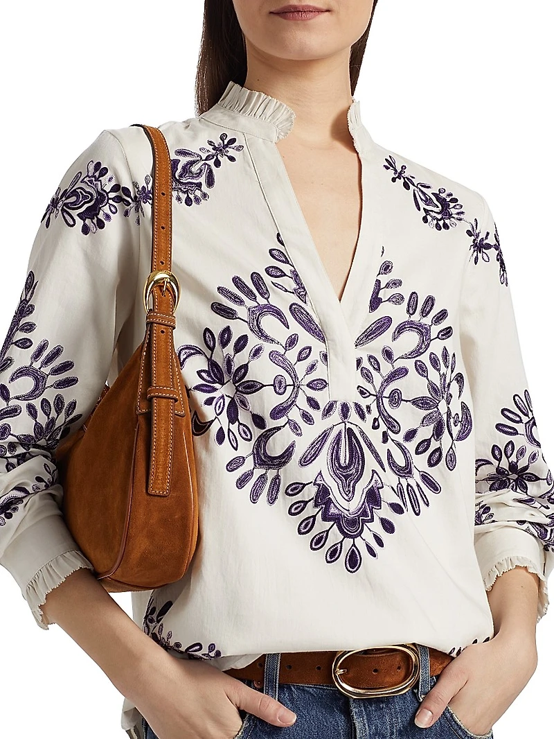 Celestina Embroidered Cotton V-Neck Blouse
