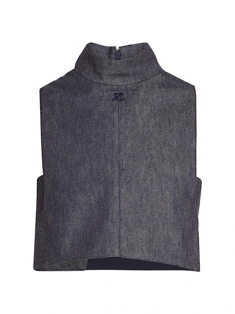 Stretch Denim Mock Turtleneck Crop Top