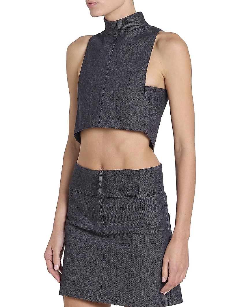 Stretch Denim Mock Turtleneck Crop Top