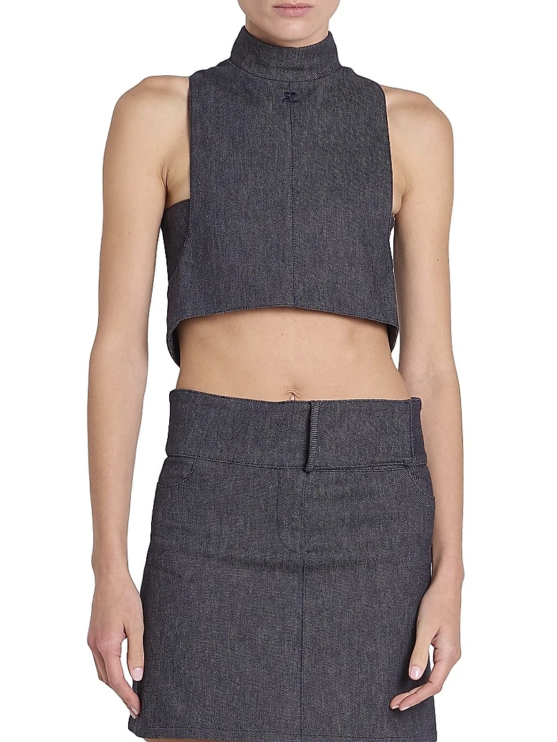 Stretch Denim Mock Turtleneck Crop Top