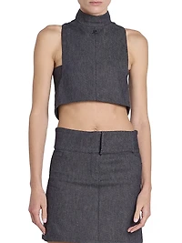 Stretch Denim Mock Turtleneck Crop Top