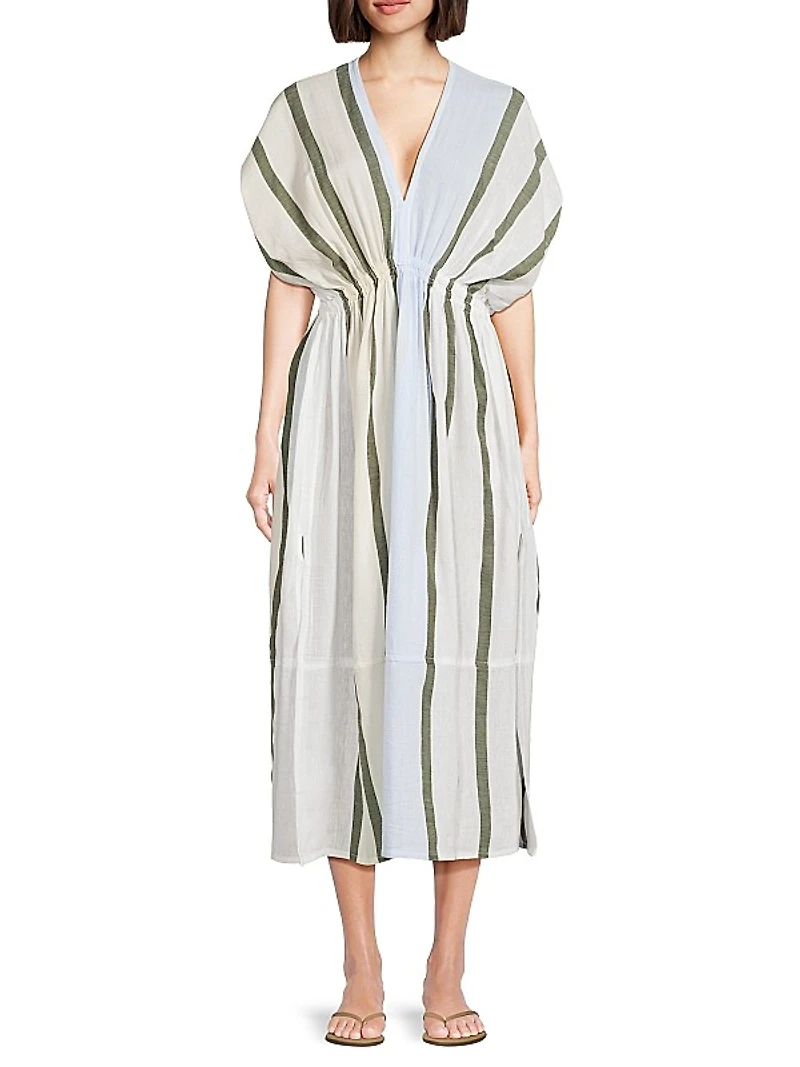 Leila Plunge Striped Cotton Midi-Dress