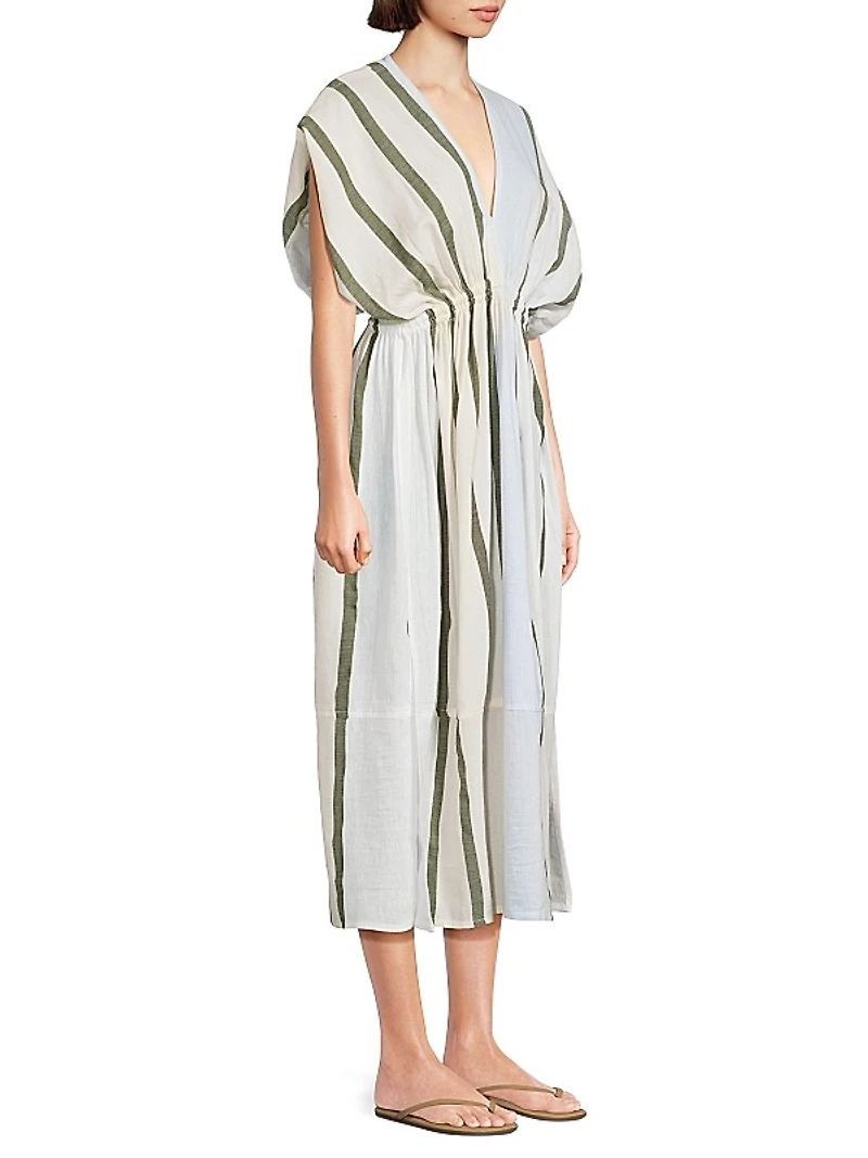 Leila Plunge Striped Cotton Midi-Dress